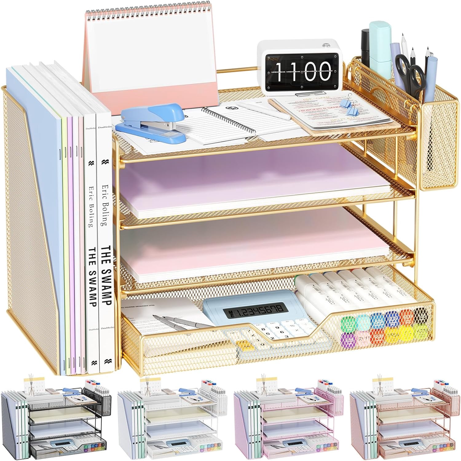 Desk Organizers and Accessories, 4-Tier Workspace Desktop File Organizer with Drawer & Pen Holder, Paper Tray Organizer with File Holder, Office Desk Accessories for Home Office Supplies, Black