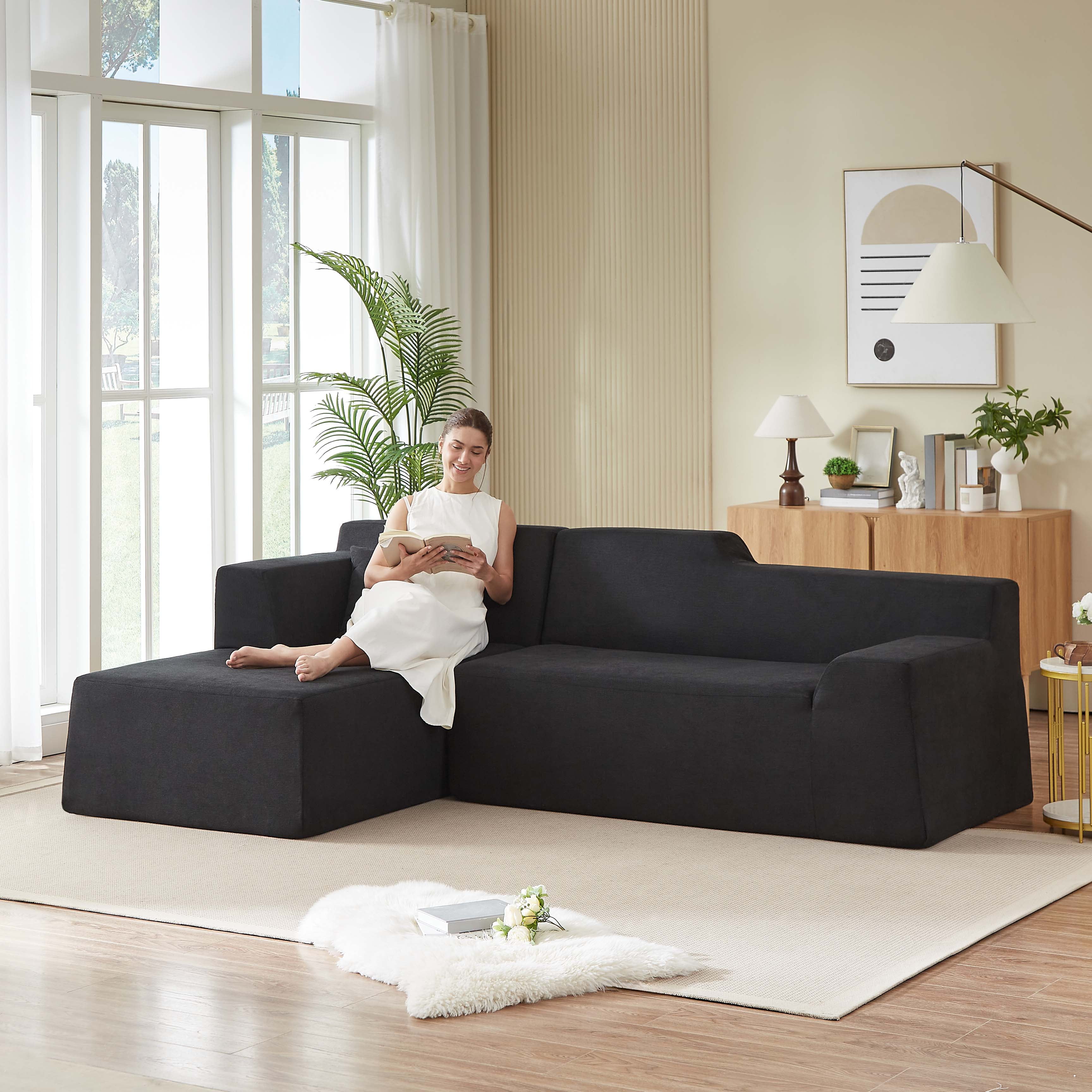 Miniyam 96" Boxed Sectional Sofa, Expands to Full Size, L-Shape Design with Soft Wide Stripe Corduroy and Deep Seat Comfort (Black, Left Facing)