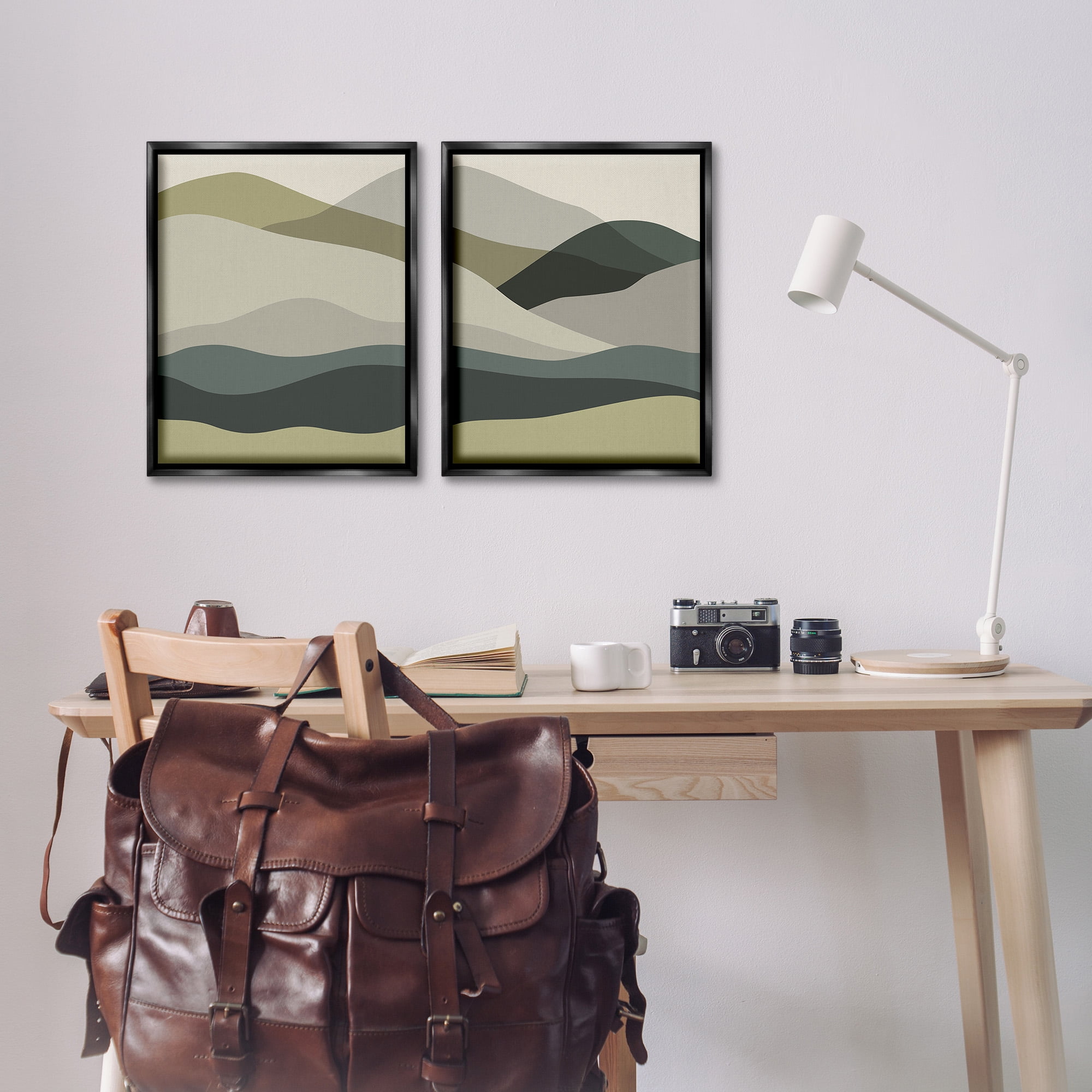 Stupell Industries Modern Green Mountains Landscape Painting Black Floater Framed Canvas Art Print Wall Art, 17 x 21, Set of 2