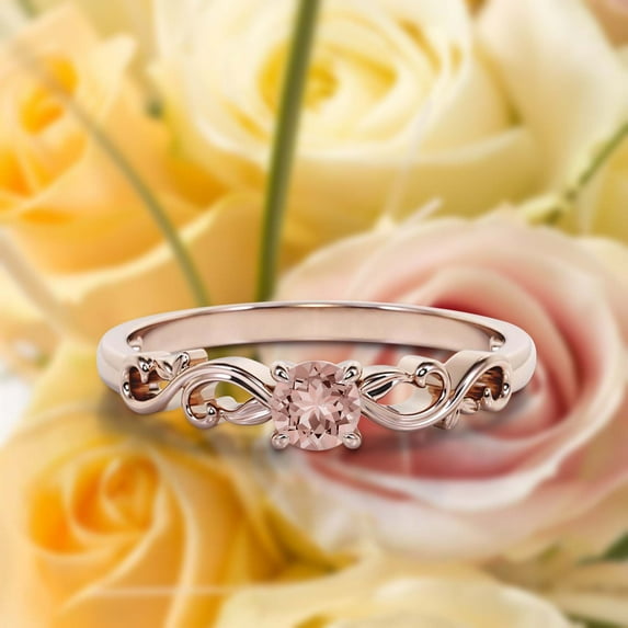 Art Nouvea Twisted 0.50 Carat Round Cut Morganite And Diamond Moissanite Engagement Ring, Antique Design Wedding Ring in 925 Sterling Silver With 18k Rose Gold Plating, Promise Ring, Anniversary Ring