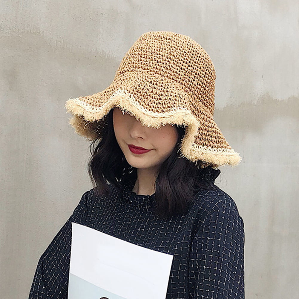 Womens Crochet Straw Sun Hat Wide Brim Handmade Woven Crushable  Holiday Bucket 
