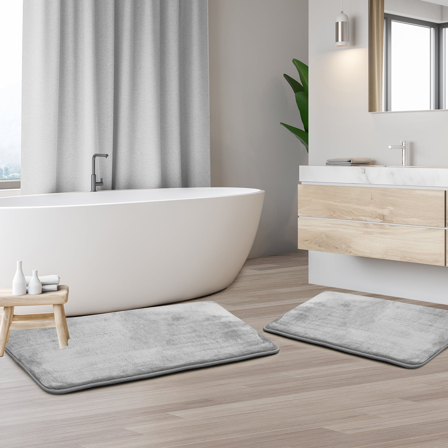 Clara Clark 2 Piece Premium Memory Foam Bathroom Mat Set, 17x24 Plus 20x32 Inch Bath Rugs, Silver