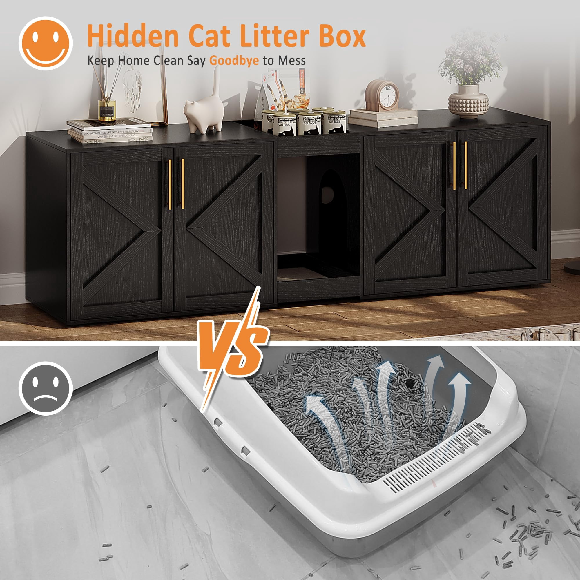 55" Large Cat Litter Box Enclosure for 2 Cats,Litter Box Enclosure with Double Cage,Hidden Cat Litter Box Furniture with Double Room and Cushion,Wooden Kitty Litter Box Cabinet Furniture,Cat House