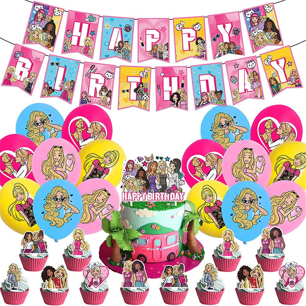 Pink Barbie Theme Kids Happy Birthday Party Supplies Banner Balloons Kit Cake Cupcake Toppers Decoration Set