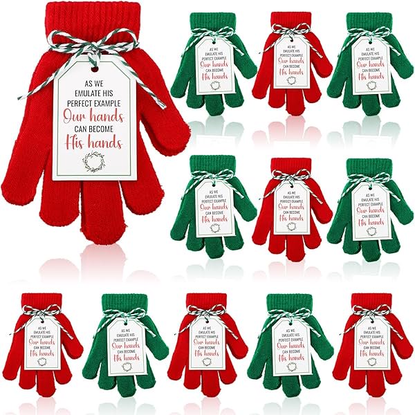 wonima44 12 Pairs Christmas Kids Gloves with Cards Christian Gifts for Kids Toddler Winter Full Fingers Knit Gloves Stretchy Warm Red and Green Glove Bulk for Religious Boys Girls