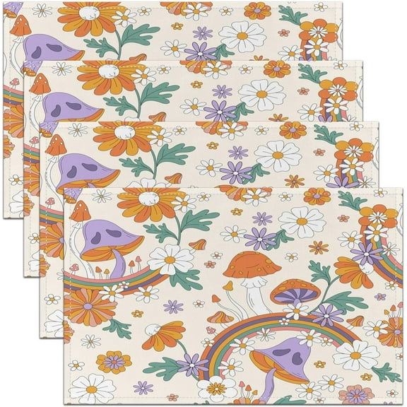 Groovy Flower Placemats Set of 4 18"x12" Retro Floral Boho Placemat for Kitchen Dining Table Decor Indoor Outdoor for 70S Hippie Flowers Bohemian Table Place Mats, Cute Rainbow