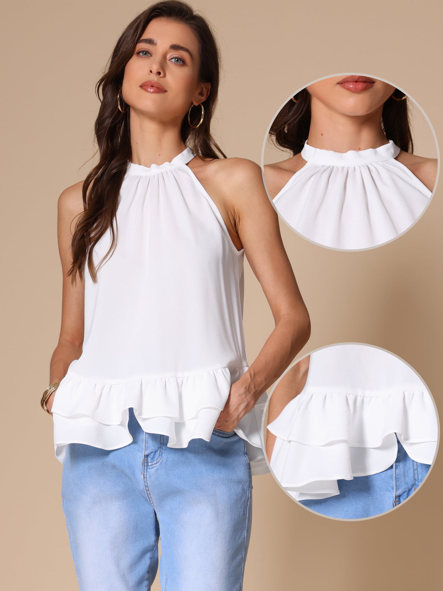 DARING DIVA Women's Halter Neck Peplum Hem Sleeveless Top S White
