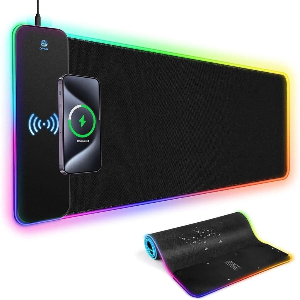 Yammee LED Gaming Mouse Pad with 15W Wireless Charging Rubber Base Computer Keyboard Mat for Gaming PC Laptop Accessories