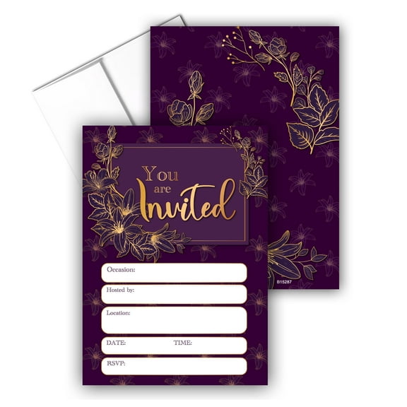 Stonehouse Collection | Purple and Gold Fill-in Party Invitations | 25 Invites &