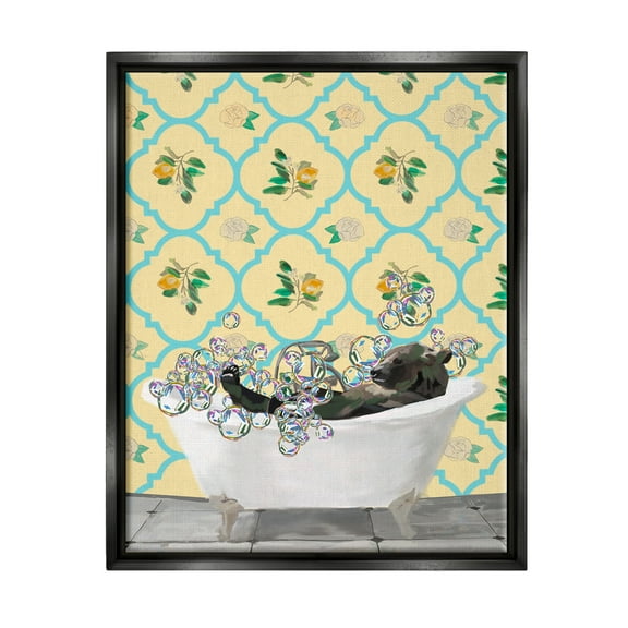 Stupell Industries Bear in Patterned Bathroom Animals & Insects Painting Black Floater Framed Art Print Wall Art, 17 x 21