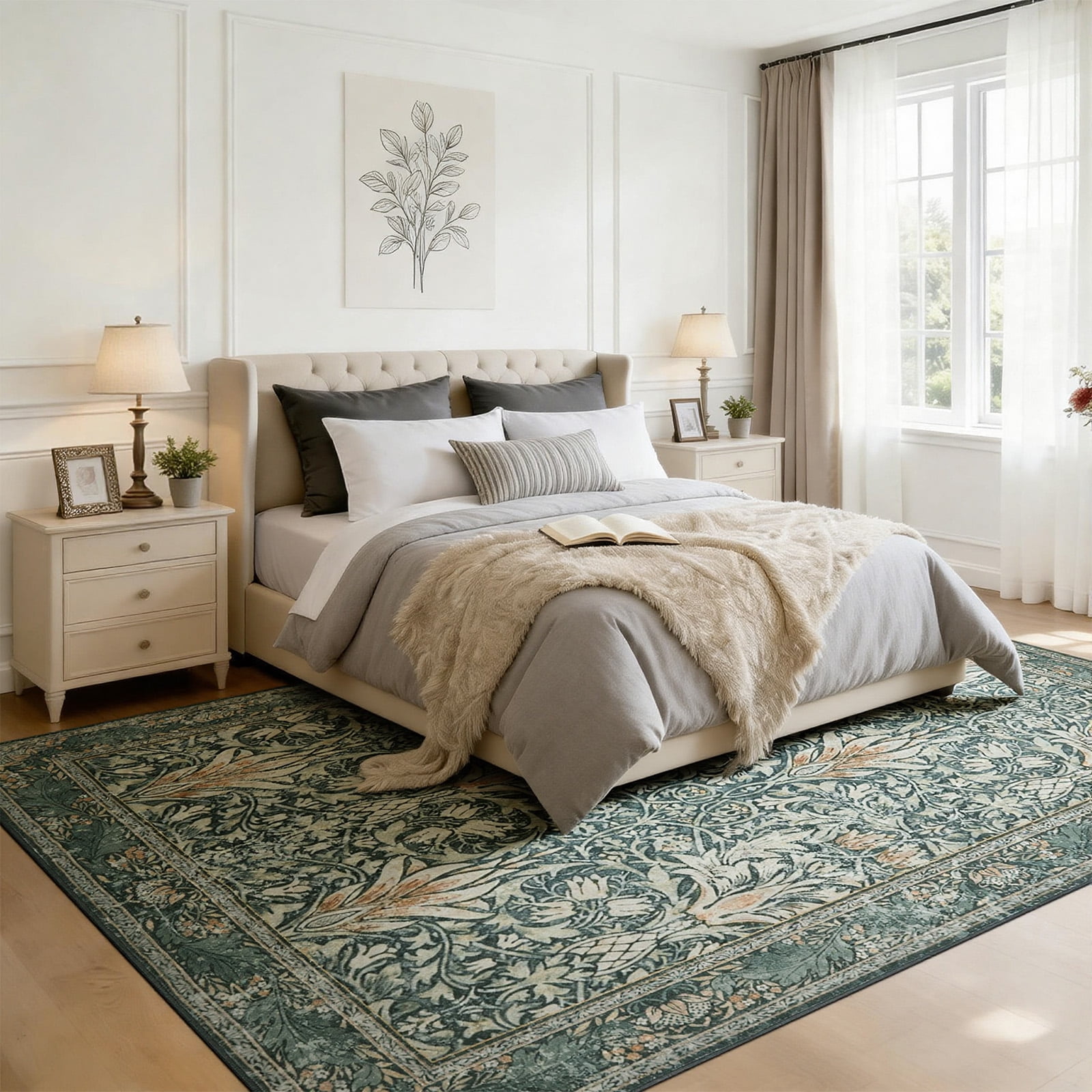 8x10 Area Rugs for Living Room, Washable Area Rugs with Non-Slip Backing, Boho Floral Vintage Carpets Low Pile for Dining Room, Bedroom, Home Office, Indoor, Nursery, Apartment.