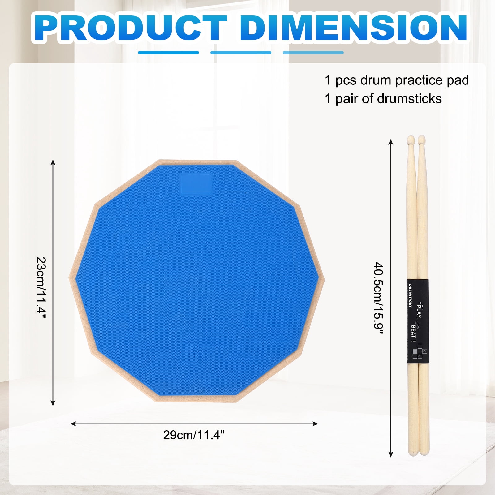 Uxcell Practice Drum Pad Set, 12 Inch Double Sided Silent Snare Drum Pad with 5A Drumsticks for Drummers, Beginners, Quiet Training (Blue)