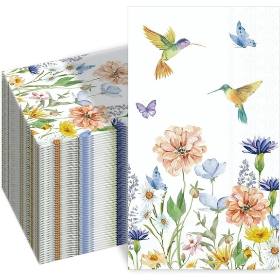 100PCS Floral Paper Napkins 3 Ply Disposable Hand Towels,Wildflower Hummingbird Paper Guest Napkins Dinner Napkins for Wedding Bridal Baby Shower Birthday Tea Party Home Table Decor