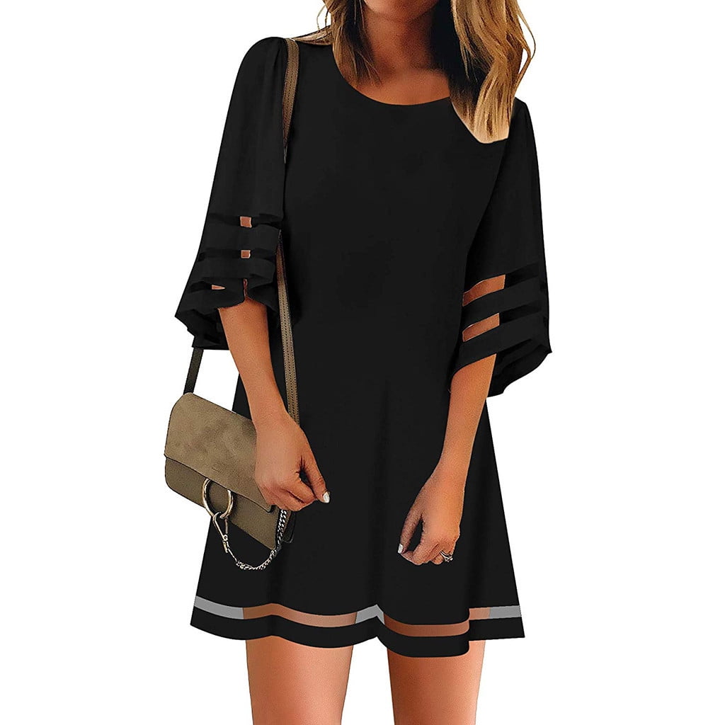 Womens Summer Mini Shirt Dress Casual Solid Mesh Panel 3/4 Bell Sleeve Loose Cocktail Party Dresses Beach Sundress 