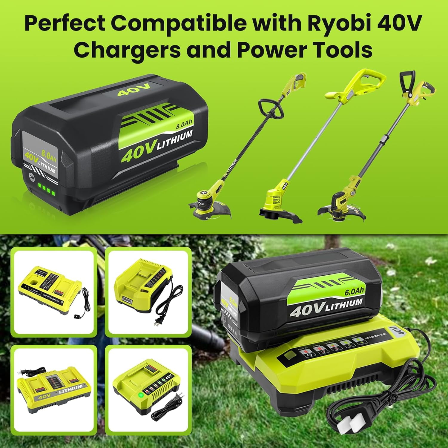 2-Pack 6000mAh Replacement for Ryobi 40V Battery and Charger Combo Compatible with Ryobi Battery 40V OP4026 OP40601 OP4050A OP4040 OP4030 OP4050 Replacement for Ryobi 40 Volt Charger