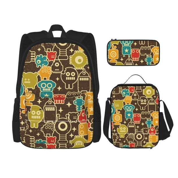 Fotbe Robot and Monsters Set Escolar 3 en 1 para Niños - Mochila Duradera con Lonchera Aislante y Estuche para Lápices - Mochila Escolar para Niños y Niñas