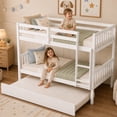 thumbnail image 2 of SESSLIFE Twin Over Twin Bunk Bed with Trundle, Convertible Wood Bunk Bed Frame with Ladder & Safety Guardrail, Separates into 2 Twin Beds, Space-Saving for Kids Bedroom, Guest Room, White, 2 of 10