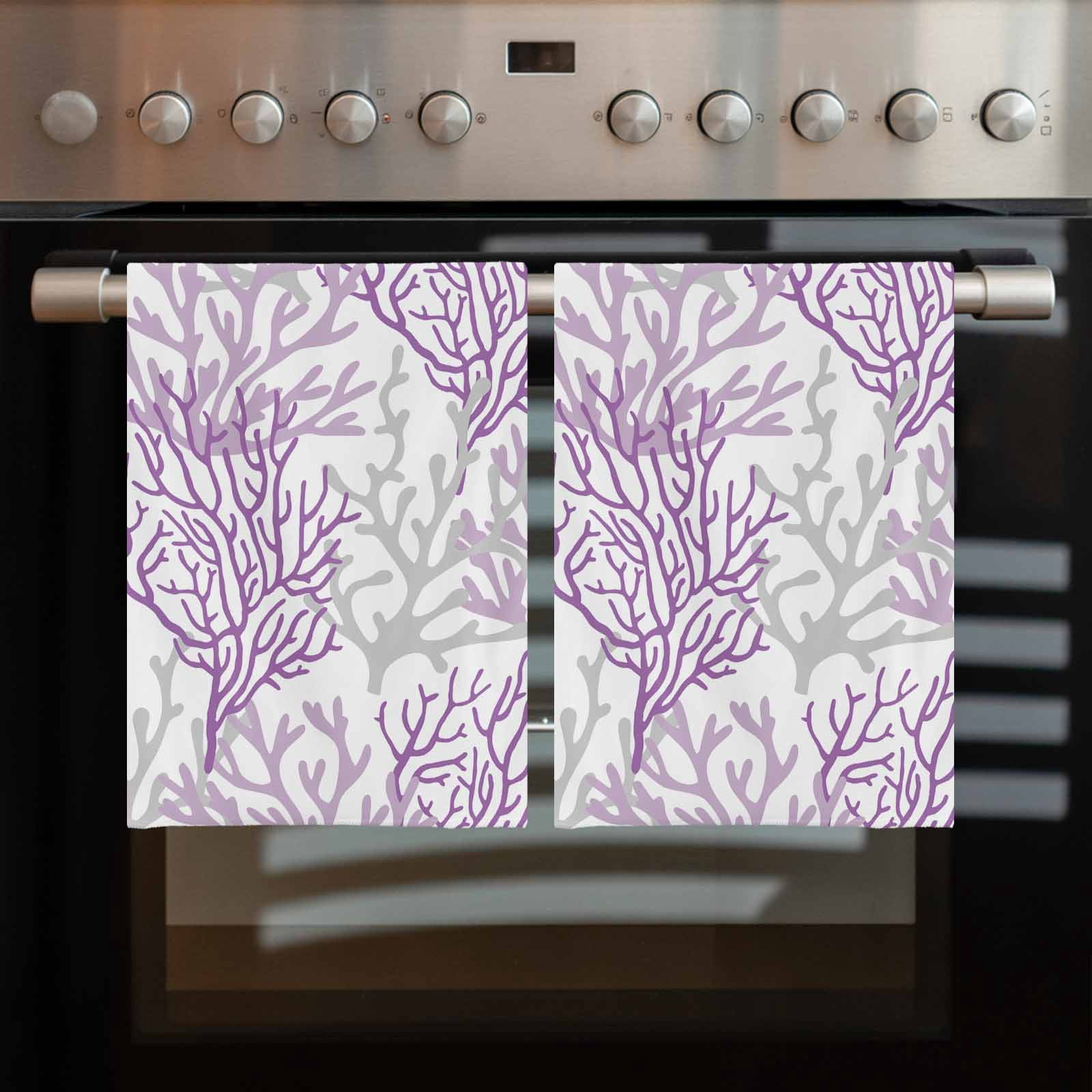 Purple Gray Coral Coastal Kitchen Towels Set of 4, Water Absorbent Dish Towel, Summer Beach Seaside Nautical Decorative Hand Towels - Quick Drying Cloth for Cooking Baking, 18x28 Inch