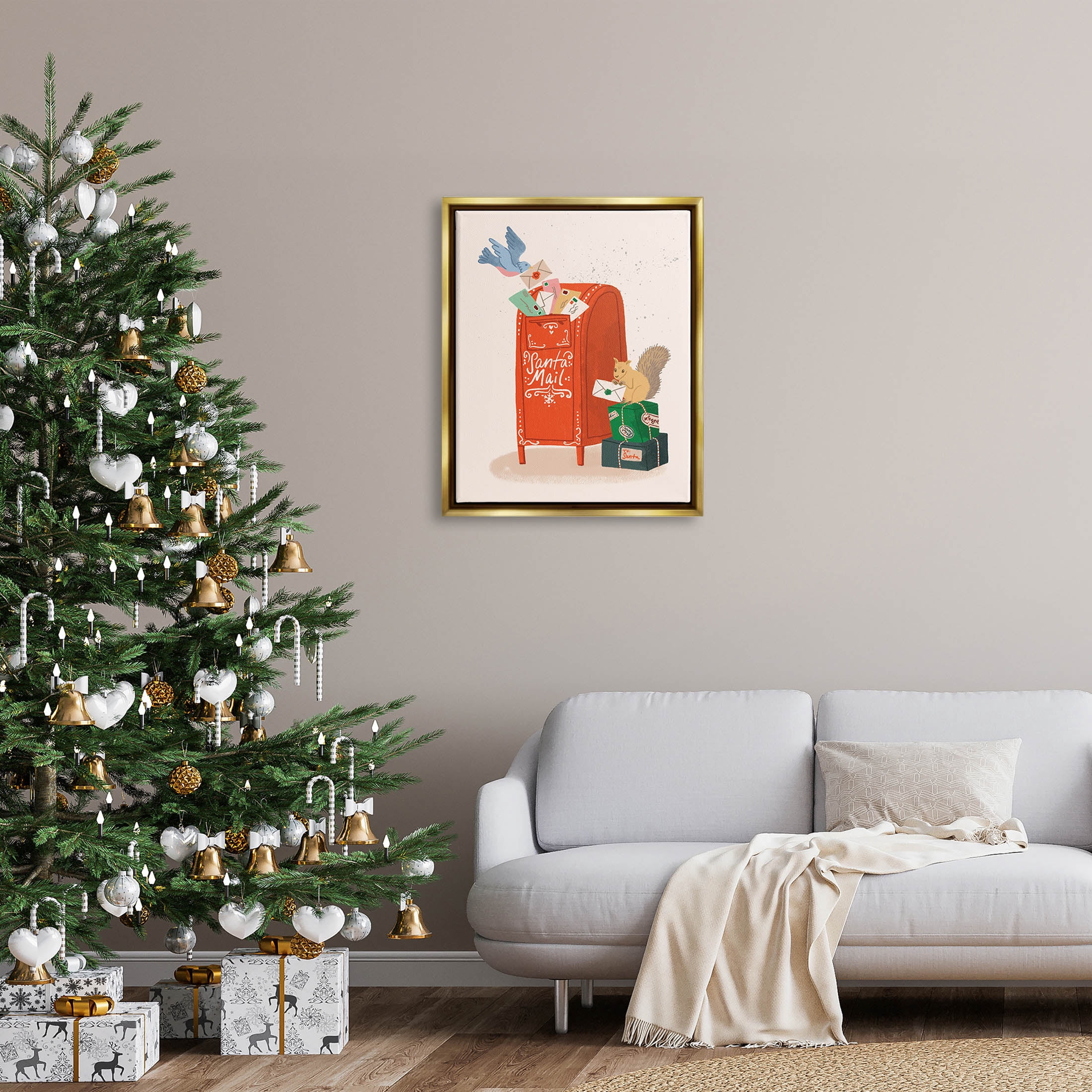 Santa's Mail Postal Letters Animals Holiday Graphic Art Metallic Gold Framed Art Print Wall Art