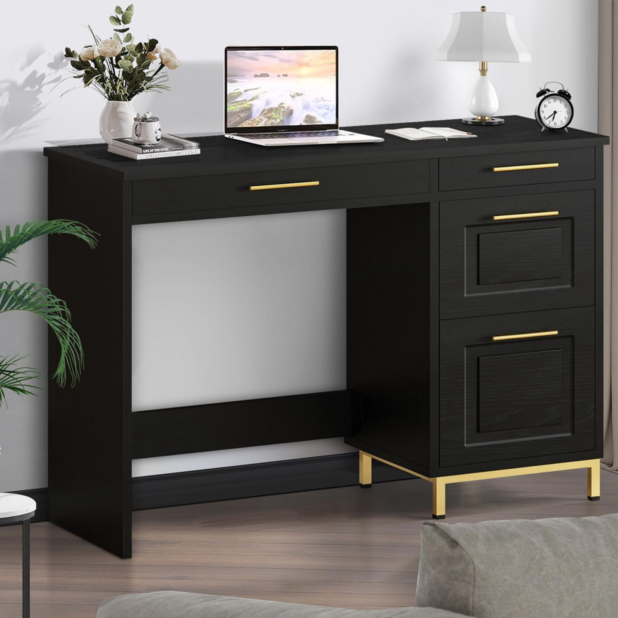 4 EVER WINNER 43" Black & Gold Desk with 4 Storage Drawers & Shelves, Luxury Multi-Functional Computer Desk for Home Office