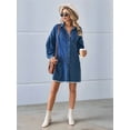 thumbnail image 3 of Women'S Oversized Denim Shirt Dress Button Up Lantern Long Sleeve Tiered Frayed Hem Mid Jean Dress Dark Blue M, 3 of 8