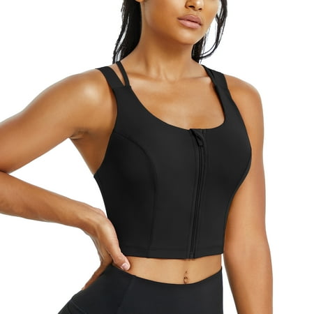 

Gotoly Longline Sports Bra Criss Cross Top for Womens Strappy Wireless Bra Zip Front Workout Crop top Padded Tank top(Black Medium)