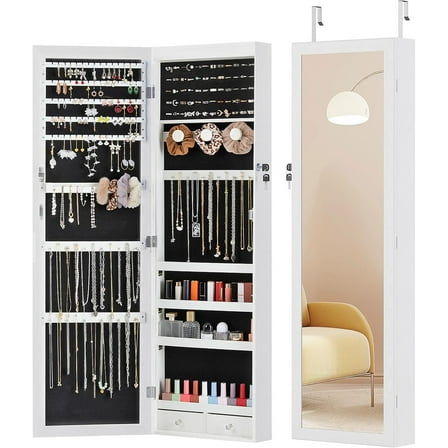 6 LEDs Full Length Mirror with Storage, 47.2'' Jewelry Armoire with Mirror, Lockable Jewelry Storage for Wall or Door Mounted