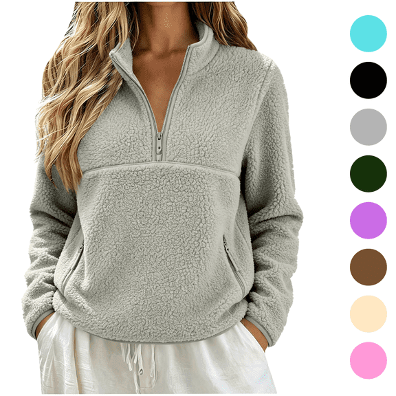 Quarter Zip Sweatshirt Women Fleece Zipper Pockets Cozy Cropped Long Sleeves Pullover for Fall Winter Casual Wear Gray S
