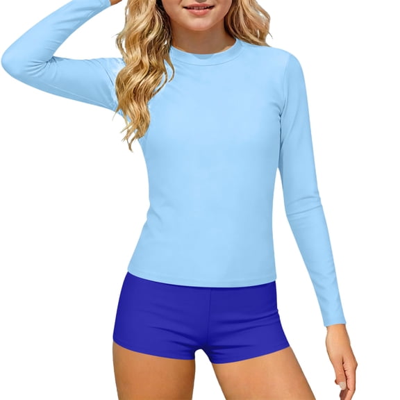 YUANxueke Girls Rash Guard Swimsuits 2 Pieces Long Sleeve Bathing Suits & Shorts Summer Hawaii Beach Vacation Swim Sets for 3-14 Years