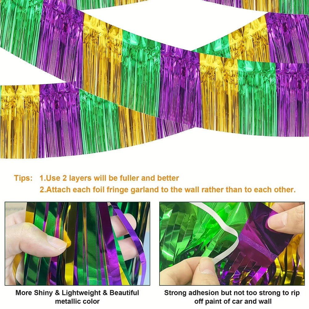 5pcs Green Gold Purple Foil Fringe Garland Metallic Tinsel Streamers Banner Fringe Backdrop Banner for Parade Floats Mardi Gras Birthday Party Homecoming Decoration