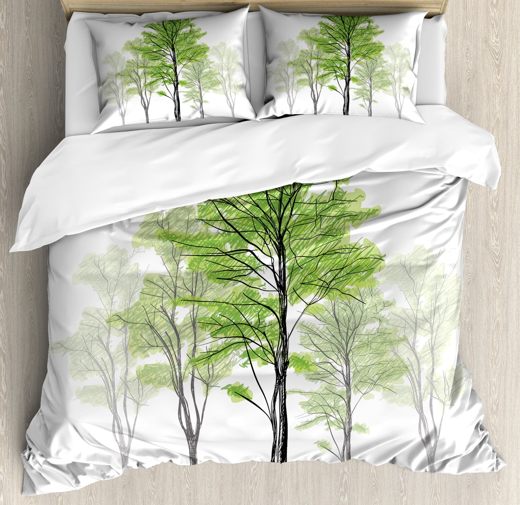 Forest Duvet Cover Set Sketch Style Tree With Green Leaves Abstract Dreamy Springtime Environment Decorative Bedding Pillow Shams