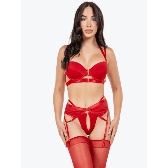 Strappy Satin Garter Set With Stockings 4 Piece