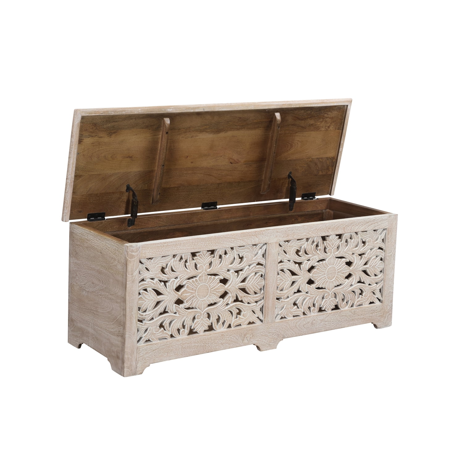 Taran Designs Monte Floral Carved Solid Wood Storage Ottoman in White