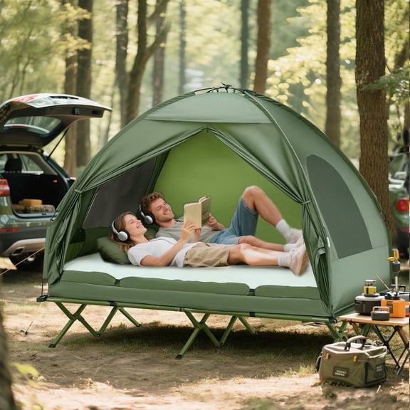 Resenkos 2-Person 4-in-1 Folding Tent Cot, Air Mattress, Foot Pump, Carry Bag – Off-Ground Cot for Camping, Hiking, Backpacking