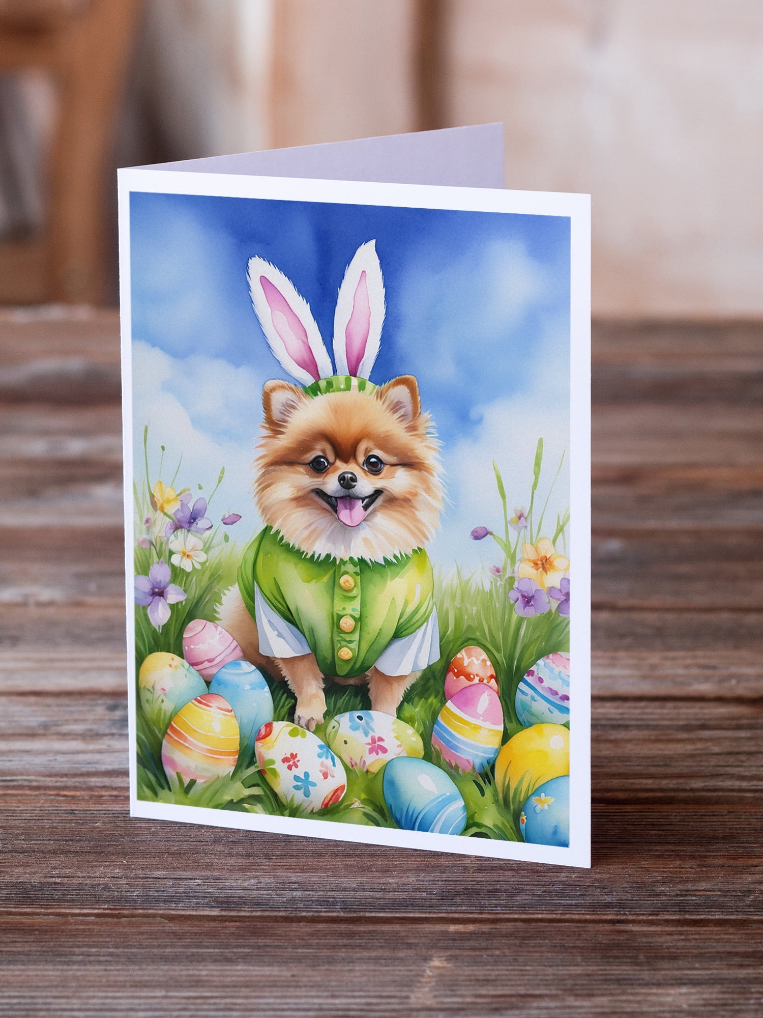 Pomeranian Easter Egg Hunt Greeting Cards Pack of 8 7 in x 5 in