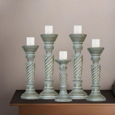 Traditional Antique Dusk Handmade Mango Wood Set Of Five 15",12",9",12" & 15" Pillar Candle Holder for use, Living Room, Dinning Room, Study Room, Spa, Restaurants, Place Of Worship, etc