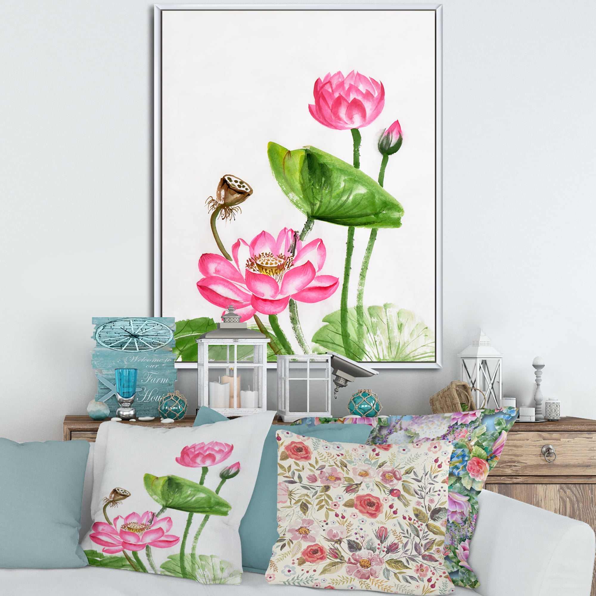 Designart 'Ancient Pink Lotuses In The Pond III' Traditional Framed Canvas Wall Art Print