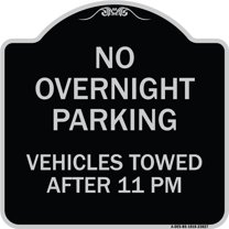 SignMission Designer Series Sign - No Overnight Parking Vehicles Towed After 11 Pm | Black & Silver 18" X 18" Heavy-Gauge Aluminum Architectural Sign | Made in the USA