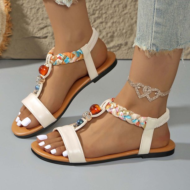WILLBEST Sandalias Planas Bohemias Para Mujer, Zapatos De Playa Informales De Verano Con Tiras Elásticas De Diamantes De Imitación, Suela Cómoda Para Caminar Al Aire Libre, Fiestas Y Escuela.