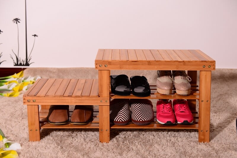 Private Jungle 36" Bamboo Stool Shoe Rack, Shoe Bench for Kids, Shoe Rack Bench with Boots Compartment, Wood Color