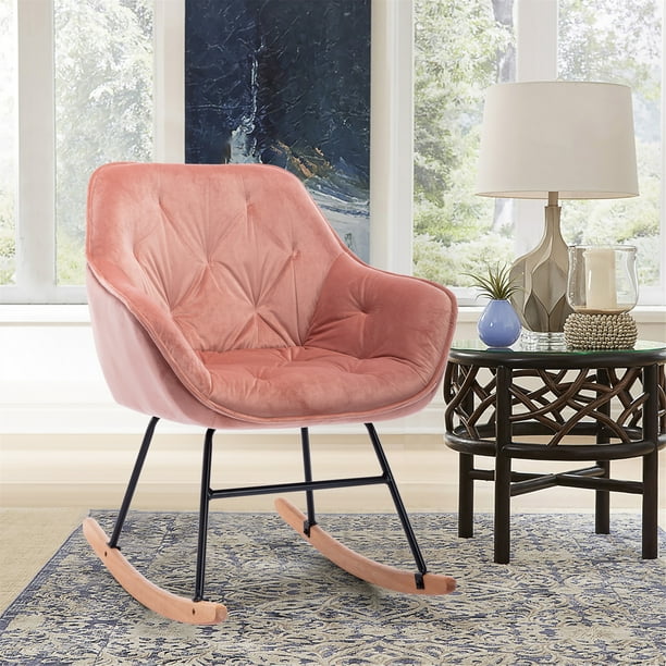 Velvet Accent Chair Rocking Armchair Comfy Upholstered Single Leisure Sofa For Living Room Bedroom With Removable Metal Legs Pink Com Velvet Accent Chair Rocking, Comfy Rocking Chair For Bedroom