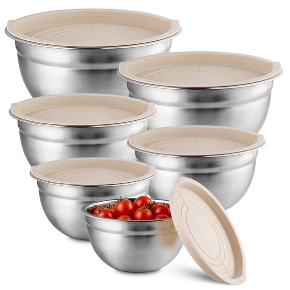 NULAS 6-Piece Stainless Steel Mixing Bowl Set with Lids, Nesting Metal Bowls for Kitchen – 4.5/3.5/2.5/2/1.5/1 qt, Great for Prep, Baking & Serving, Khaki