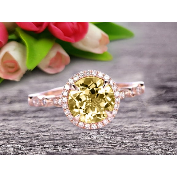 1.75 Carat 6mm Round Cut Champagne Diamond Moissanite Ring Engagement Ring Promise Ring Anniversary Ring 10k Rose Gold Gem Stone Art Deco