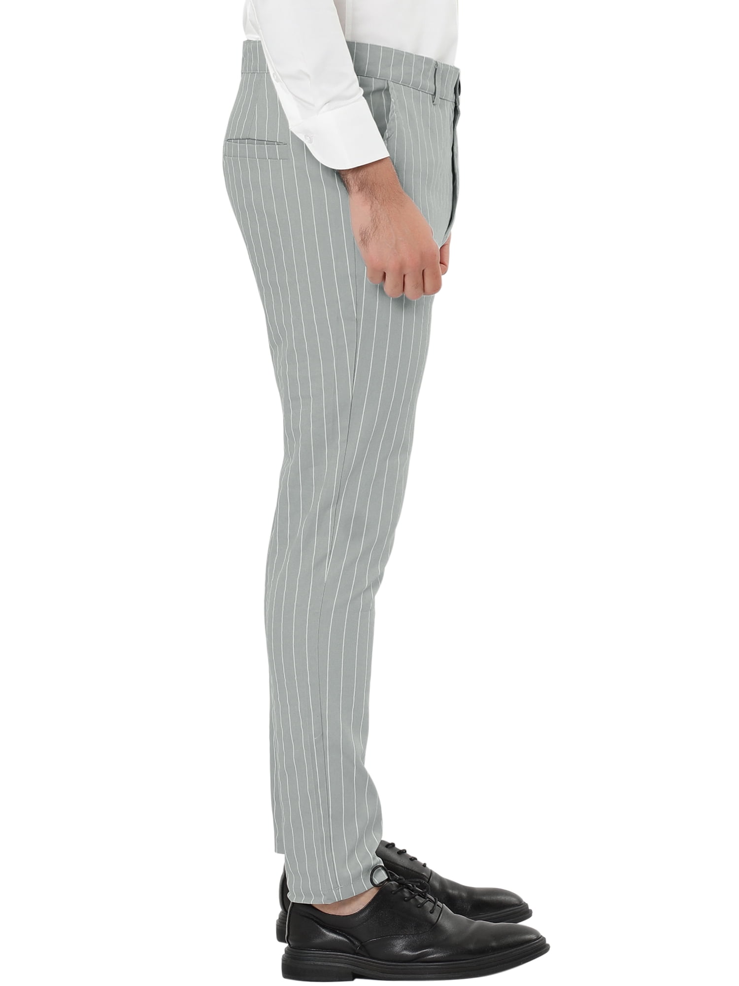 Unique Bargains Men's Striped Pants Slim Fit Flat Front Business Dress Trousers 34 Gray
