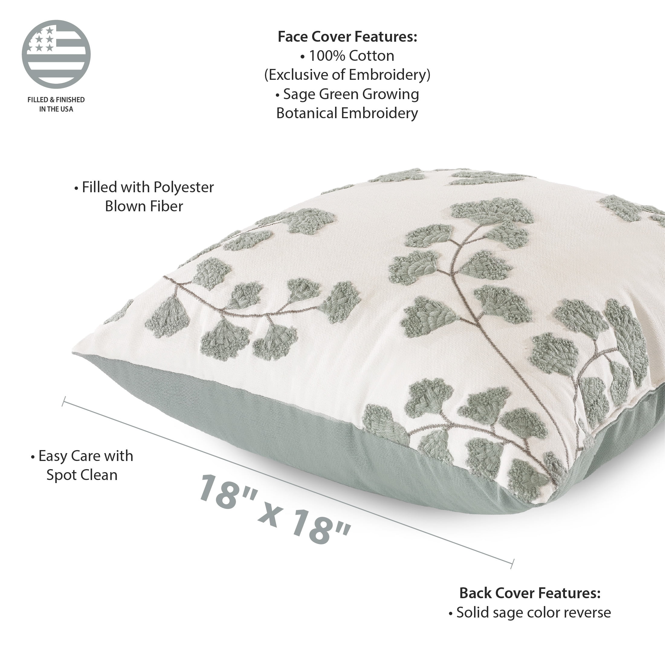 Mainstays 18"x18" Sage Embroidered Fern Cotton Decorative Throw Pillow