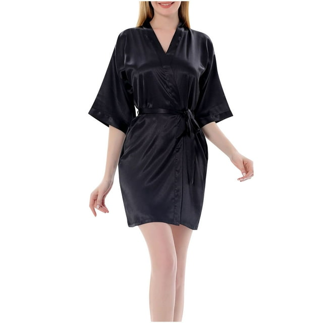 AherBiu Robe de Pyjama en Satin pour Femmes à Manches Courtes, Peignoir à devant Ouvert, Taille à Nouer, Tenue de Nuit, Chemises de Nuit, Robe Courte