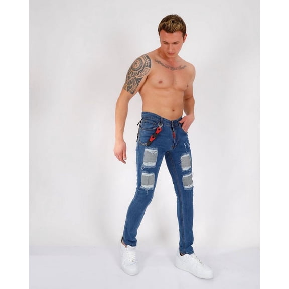 Patchwork Distressed Jeans for Men - MEDIUM BLUE, 32