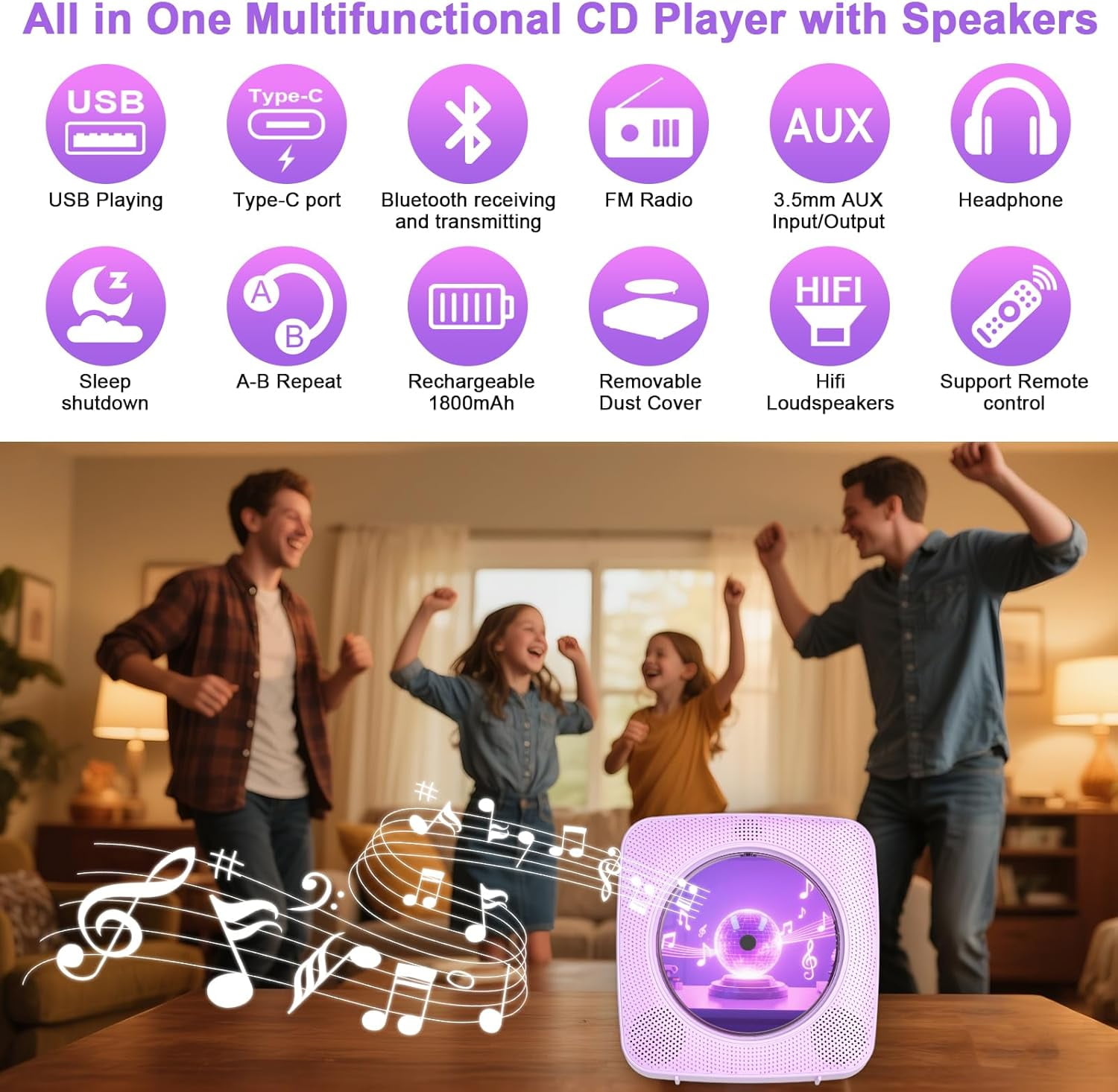 Gueray Portable CD Player Bluetooth: CD Players for Home Rechargeable Desktop Wall Portable CD Player with Bluetooth & Dual Speakers Music Player