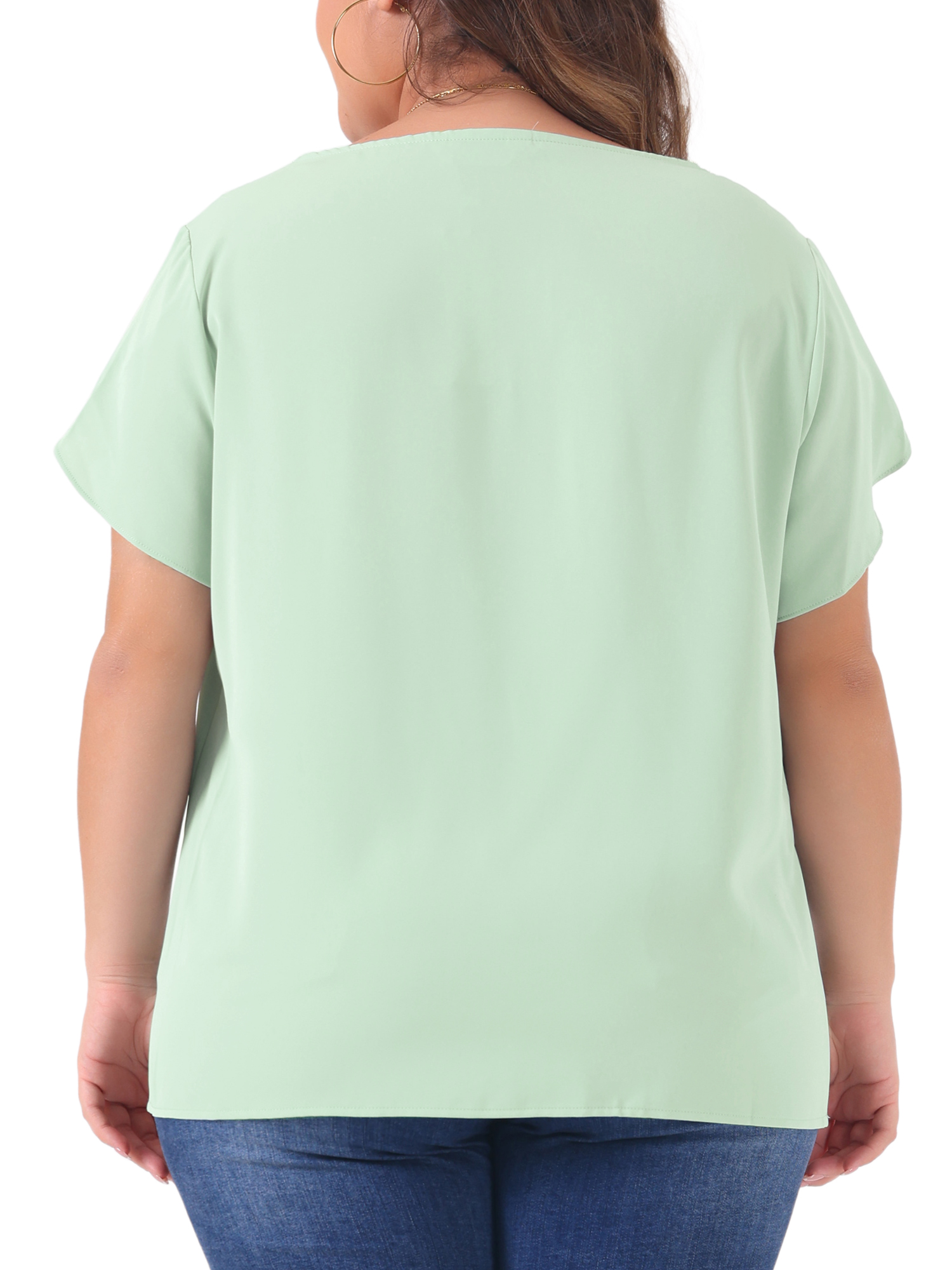 DARING DIVA Women's Plus Size Round Neck Pleated Tulip Sleeve Shirt Blouse 1X Light Green