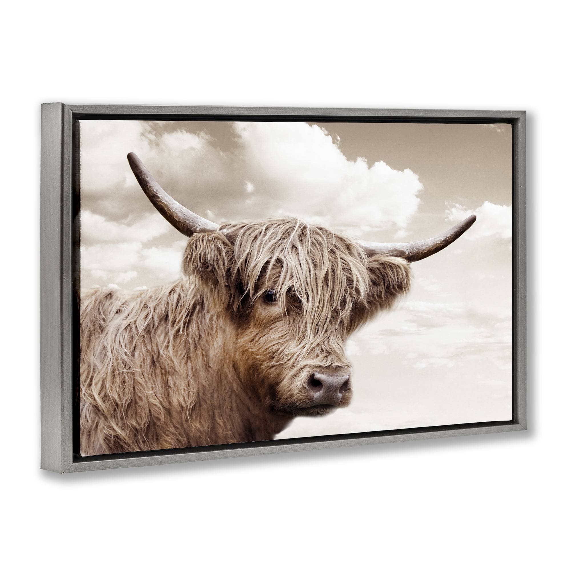 Stupell Industries Shaggy Highland Cow & Clouds Gray Framed Floater Canvas Wall Art, design by CAD Designs